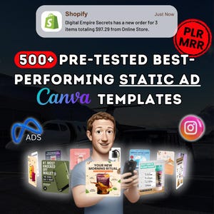 500+ Meta Static Ad Creatives Canva Templates, Marketing Ad Templates, Facebook Ads, Email canva templates, Shopify CRO Checklist, PLR/MRR