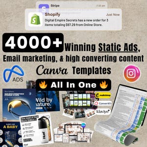 Könnte beinhalten: Eine Collage mit digitalen Marketing-Tools und -Ressourcen. Der Text lautet: "4000+ Winning Static Ads, Email marketing, & high converting content Canva Templates." Logos von Shopify, Instagram und anderen Marketing-Plattformen sind ebenfalls zu sehen.