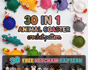 30-in-1 Animal Crochet Coaster Patterns, Mug Hugger Bundle, Cute Animal Coaster bundle, Amigurumi Style Cup Holder, (PDF + VIDEO TUTORIAL)
