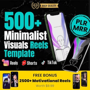 Puede incluir: Una oferta de producto digital para más de 500 plantillas de carretes visuales minimalistas para plataformas de redes sociales como Reels, Shorts y TikTok. La oferta también incluye un bono gratuito de más de 2500 carretes motivacionales, por un valor de $9,99. La imagen presenta una pantalla de teléfono que muestra un diseño minimalista con el texto "no verbal" y una persona leyendo un libro. La imagen también incluye el texto "PLR MRR" en un círculo.