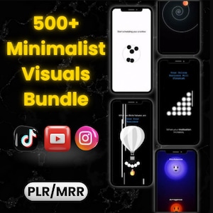 Puede incluir: Un gráfico negro y amarillo con el texto "500+ Minimalist Visuals Bundle" e iconos para TikTok, YouTube e Instagram. El gráfico también incluye imágenes de varias pantallas de teléfono minimalistas con diferentes diseños.