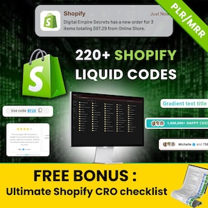 Shopify Liquid Codebook-paket - 220+ anpassningsbara webbplatskoder PLR/MRR - Alla teman kompatibla - fungerar för alla mallar (digital nedladdning)