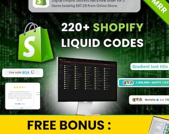 Shopify Liquid コードブックバンドル - 220種類以上のカスタマイズ可能なウェブサイトコード PLR/MRR - すべてのテーマに対応 - すべてのテンプレートで使用可能 (デジタルダウンロード)
