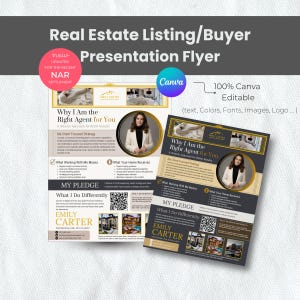 May include: A real estate presentation flyer with the text "Real Estate Listing/Buyer Presentation Flyer." The flyer includes the text "Why I Am the Right Agent for You" and "Emily Carter." The flyer is 100% Canva editable.