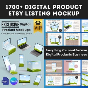 May include: A collection of digital product mockups for Etsy listings. The mockups feature various devices, including laptops, tablets, phones, and desktop computers, displaying different digital products. The mockups are designed to help sellers create professional and eye-catching listings for their digital products.