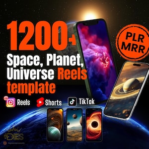 Puede incluir: Una maqueta de producto digital que presenta más de 1200 plantillas de carretes con temas espaciales, planetarios y universales para plataformas de redes sociales como Reels, Shorts y TikTok. La imagen muestra una pantalla de teléfono con un fondo de nebulosa colorido, una pantalla de teléfono con un planeta con anillos y una pantalla de teléfono con un agujero negro. El texto "PLR MRR" es visible en la esquina superior derecha.