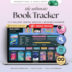 May include: A digital book tracker template for Microsoft Excel and Google Sheets displayed on a laptop screen. The interface features a books gallery, series tracker, reading calendar, and dark and light mode options with various book cover thumbnails.