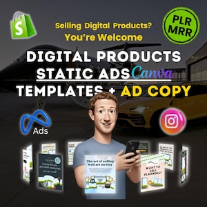 Könnte beinhalten: Ein digitales Marketingbild mit dem Text "DIGITAL PRODUCTS STATIC ADS TEMPLATES + AD COPY" in großen, fetten Buchstaben. Das Bild zeigt ein Cartoon-Bild von Mark Zuckerberg, ein Privatflugzeug, ein Luxusauto und mehrere Social-Media-Icons. Das Bild enthält auch mehrere Mockups von digitalen Produktanzeigen für Etsy, Planer und Darmgesundheitsressourcen.