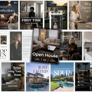 May include: A collection of real estate marketing materials. Images include a luxury home, open house details, and a 'Just Listed' sign. Other images feature text like 'First Time Home Buyers' and 'Booking Summer Consults'.