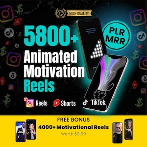 Puede incluir: Un anuncio de reels de motivación animados. La imagen presenta teléfonos inteligentes que muestran contenido, con texto superpuesto. El texto incluye "5800+ Animated Motivation Reels" y logotipos de redes sociales para Reels, Shorts y TikTok.