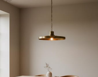 Mid century Brass Flat Dome Pendant Light | Modern Ceiling Fixture for Kitchen Island & Dining