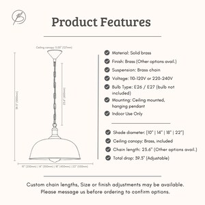 May include: A brass pendant light with a domed shade, brass chain, and ceiling canopy. The shade diameter options are 25cm, 35cm, 45cm, and 55cm. The total drop is 99.8cm and is adjustable. The light is for indoor use only.