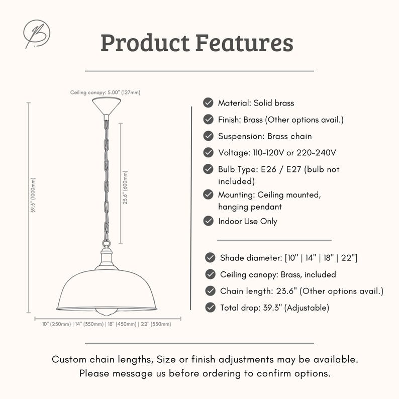 May include: A brass pendant light with a domed shade, brass chain, and ceiling canopy. The shade diameter options are 25cm, 35cm, 45cm, and 55cm. The total drop is 99.8cm and is adjustable. The light is for indoor use only.