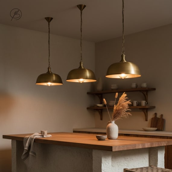 Antique Brass Dome Pendant Light, Handmade Farmhouse Kitchen Lamp, Adjustable Chain Ceiling Fixture