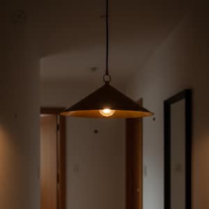 May include: A pendant light fixture with a conical, dark metal shade. The light bulb is visible, emitting a warm glow. The fixture hangs from a black cord and is suspended from the ceiling. The overall design is minimalist and modern.