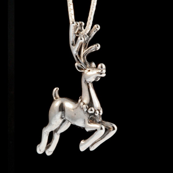 Ag Sterling Clear CZ Prancing Reindeer Pendant Necklace