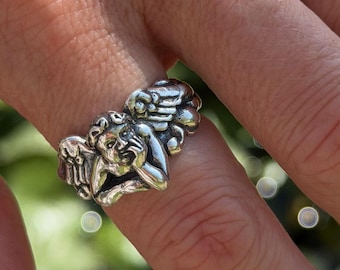 Sterling Silver Cherub Angel Ring – Renaissance Cloud Wings Design