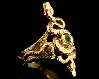 Alpha Omega Ring with Tsavorite - Solid 14K Gold - Serpent Python Statement Jewelry