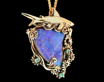 Shark Grotto Opal Pendant - 18K Solid Gold - Opal Jewelry - Diver Gift