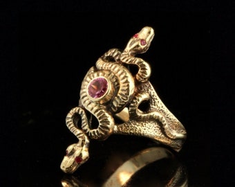 14k Gold Pink Sapphire Snake Ring With Ruby Eyes Alpha Omega Snake Ring 14k Snake Jewelry Cleopatra Jewelry Medusa Jewelry Gold Serpent Ring