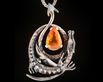 Colgante de dragón rizado con ópalo de fuego brasileño - Plata de ley - Regalo de joyería de ópalo de fuego brasileño