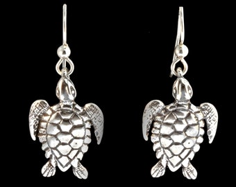 Sea Turtle Charm Earrings - Sterling Silver - Marine Life Earrings