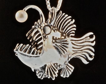 Large Angler Fish Pendant with White Pearl Lure - Sterling Silver - Large Sea Monster Necklace