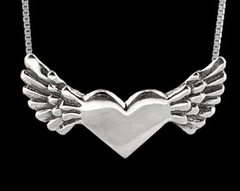 Angel Heart Pendant - Sterling Silver - Winged Heart Necklace