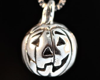 Fat Jack-O-Lantern Pumpkin Charm - Sterling Silver - Halloween Necklace
