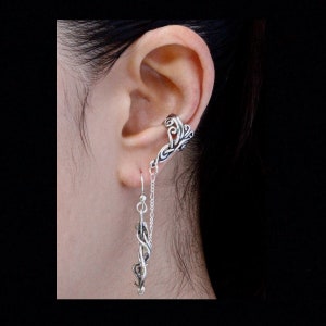 Ear Cuff Chain Ear Cuff Sterling Silver Ear Wrap Silver Arabesque Bajoran Ear Cuff Swirl Jewelry Wave Jewelry Dangle Ear Cuff Celtic Jewelry