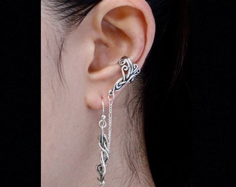 Ear Cuff Chain Ear Cuff Sterling Silver Ear Wrap Silver Arabesque Bajoran Ear Cuff Swirl Jewelry Wave Jewelry Dangle Ear Cuff Celtic Jewelry