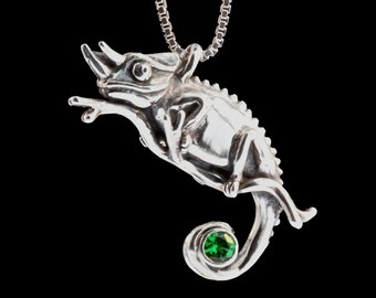 Chameleon Necklace Silver w/ Green Tsavorite Gemstone Jackson Chameleon Charm Pendant Jewelry Lizard Charm Necklace Lizard Jewelry Reptiles