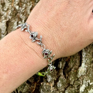Sterling Silver Rose Bracelet with Garnet Gemstones Garnet Bracelet Ruby Bracelet Rose Jewelry Rose Link Bracelet Boho Bracelet Bohemian