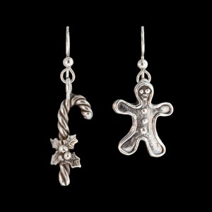 Christmas Earrings Christmas Jewelry - Silver Ginger Bread and Candy Cane Earrings - Food Jewelry Food Earrings - Holiday Earrings