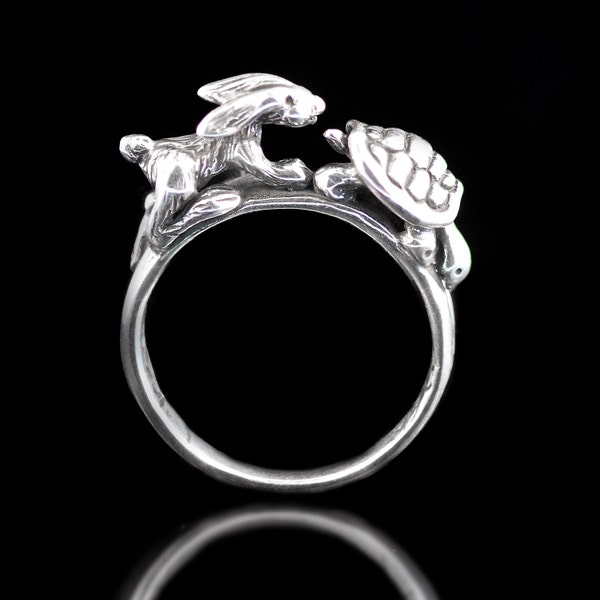 Turtle Rabbit Ring Silver Turtle Jewelry Hare and Tortoise Ring Folk Art Jewelry Folktale Ring Rabbit Ring Rabbit Silver