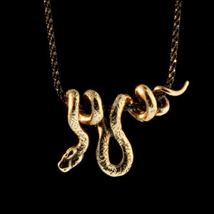 Peut inclure: Un collier avec un pendentif en forme de serpent doré sur un cordon noir. Le serpent est enroulé et présente une surface texturée détaillée.