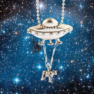 Flying Saucer UFO Pendant with Abducted Cow Cow Jewelry Alien Jewelry UFO Jewelry Alien Abduction Silver UFO Pendant Sci-Fi Jewelry Gift