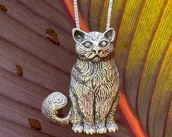 Large Sterling Silver Cat Necklace Kitty Pendant Kitty Jewelry