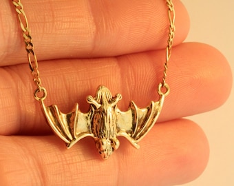 Gold Flying Bat Anhänger - Massiv 14k Gold - Bat Lover Halskette