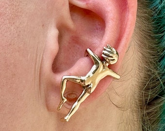 14k Gold Ear Man Ear Climber Gold Climber Ear Cuff Gold Ear Wrap People Jewelry Gold Earring Naked Person Ear Cuff Gold People Jewelry Gift