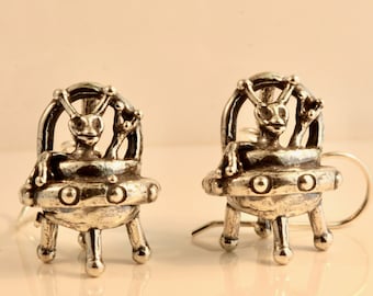 Peace Alien Flying Saucer Earrings - Sterling Silver - Cute Space Alien Earrings