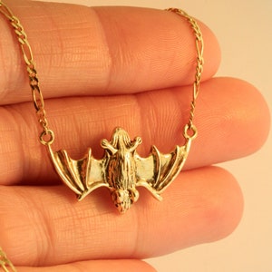 14k Gold Flying Bat Pendant with Figaro Chain Solid Gold Bat Necklace Bat Charm Gold Halloween Jewelry Bat Jewelry Gift for Bat Lover