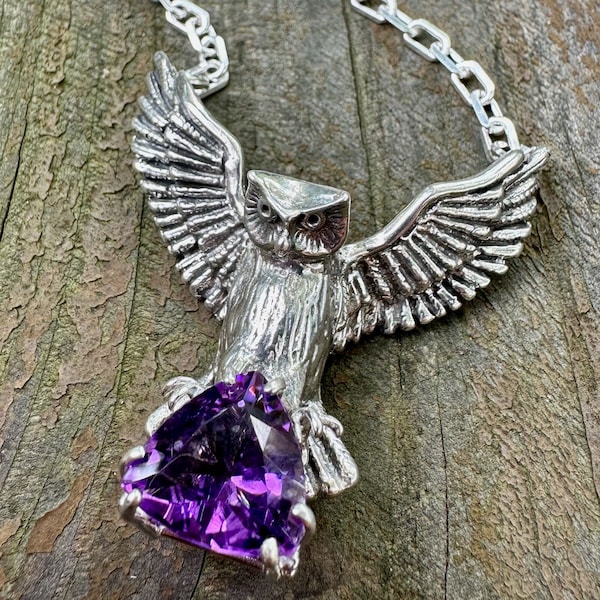 Owl Neckpiece with 13 MM Trillion Amethyst - Sterling Silver - Bird Pendant