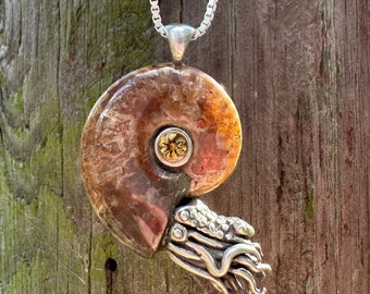Versteende ammoniet nautilusketting met edelsteen 2 - sterlingzilver - fossiele sieraden - paleontoloog cadeau