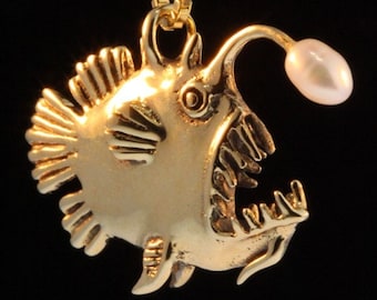 Gold Fish Necklace Gold Angler Fish Charm Pendant with Pearl Angler Fish Jewelry Fish Charm Fish Pendant Fish Necklace Scary Fish Pearls