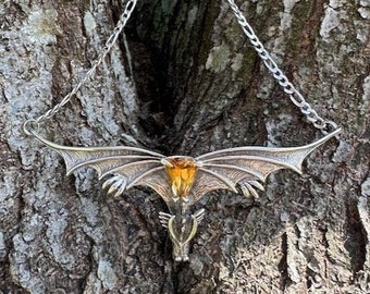 Gothic Dragon Neckpiece with Orange - Yellow Citrine Silver Statement Dragon Pendant with Citrine Dragon Head Dragon Wings Dragon With Gem