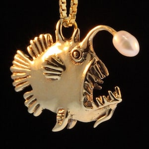 Gold Fish Necklace Gold Angler Fish Charm Pendant with Pearl Angler Fish Jewelry Fish Charm Fish Pendant Fish Necklace Scary Fish Pearls