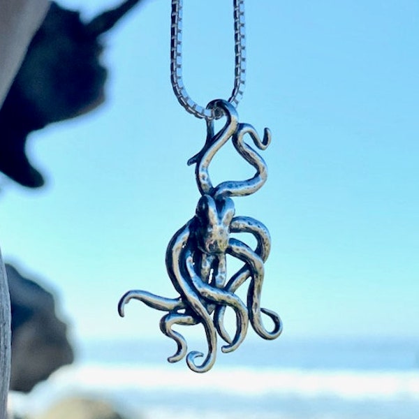 Collier pieuvre en argent - pendentif pieuvre breloque pieuvre - bijoux pieuvre - bijoux tentacule - collier tentacule collier Kraken Steampunk