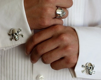 Large Skull and Crossbones Cufflinks - Sterling Silver - Pirate Cufflinks