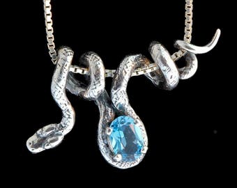 Vine Snake with Gemstone - Sterling Silver - Jungle Snake Necklace - Reptile Gift - Serpent Jewelry